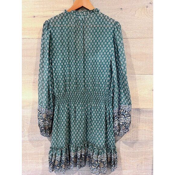 VERONICA BEARD DESTINY PRINTED SMOCKED WAIST V-NECK MINI DRESS IN GREEN SIZE 14 - Picture 7 of 11